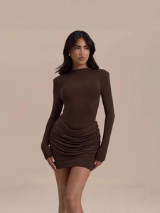 Women Sexy Ruched Long Sleeve Mini Dress Polyester Elastane Slim Fit Chic Round Neck Solid Color