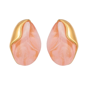 Detail of pink marble resin stud earrings in golden stainless steel setting