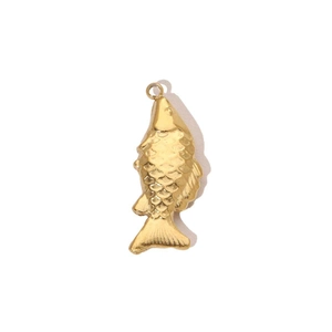 Detailed macro view of gold fish pendant with scale textures and fins in stainless steel