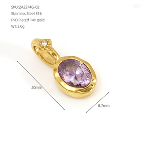 Close-up of 14K gold plated 316 stainless steel pendant with oval purple birthstone