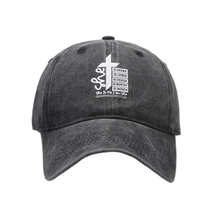 Vintage washed dark grey cotton baseball cap with inspirational print and cross design