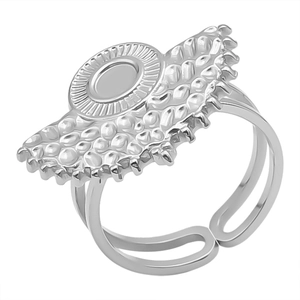 Detail of silver adjustable ring featuring a textured fan-shaped metal top with grain pattern