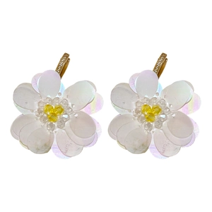 Sparkling zircon flower earrings with iridescent white sequins and golden hoops for women
