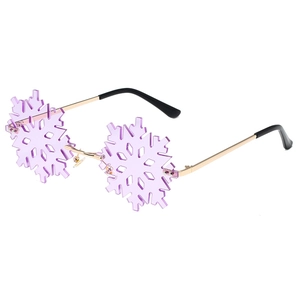 Rimless snowflake sunglasses with purple lenses and gold metal frames for party wear