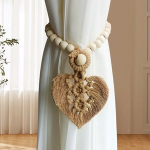Boho handmade macrame curtain tieback with wooden beads and coffee leaf tassel fringe