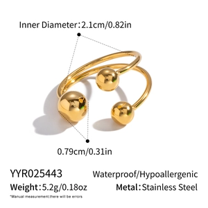 Detail view of gold stainless steel ring with dimensions and polished bead accents