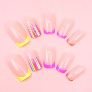 Colorful neon French tip press-on nails in medium-short square shape for women