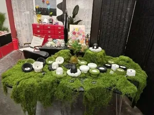 Detailed view of artificial silk moss turf used for decorative miniature landscaping