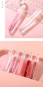 Seven shades of mirror water light lip gloss displayed on a soft pink product pedestal