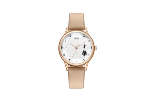 Vista dettagliata dell'orologio al quarzo da donna con cinturino in pelle e motivo