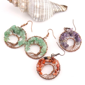 Handmade copper wire tree of life earrings with colorful natural crystal stone chips