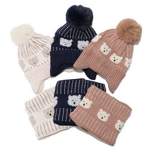 Toddler Kids Knitted Hat And Scarf Winter Warm Ear Protection Acrylic Fleece Lined Cute Bear Jacquard Faux Fur Pom Pom