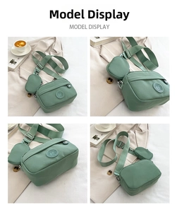 Sage green oxford crossbody bag with matching round coin purse showing multi-angle details