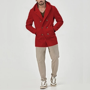 Detail shot of red double-breasted hooded trench coat for men with stylish buttons