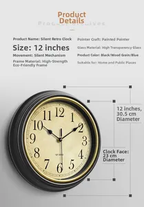 Detail view of 12-inch vintage silent wall clock with black frame and quartz movement