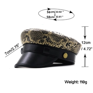 Detailed size guide of leopard print military cap with faux leather brim and gold button