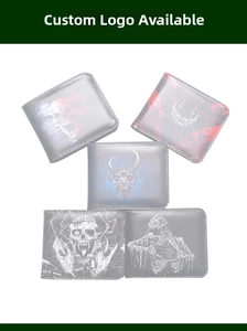 Flat lay of multiple men's bi-fold wallets with vintage dark skull and ghost prints