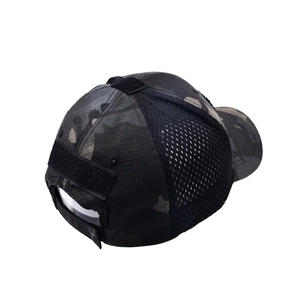 Tactical camouflage baseball cap with black mesh back and velcro patches for outdoor wear