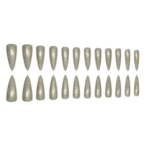 Set of 24 pieces long stiletto holographic silver glitter press-on nails on white background