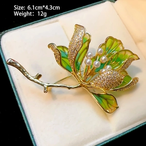 Luxury gold peony flower brooch with green enamel, white pearls and sparkling crystals