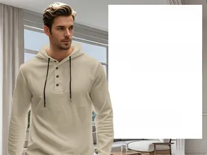 Detail of beige men's cotton linen hoodie with drawstring and buttoned Henley neckline