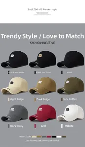 Nine color options for cotton baseball caps with AE letter embroidery and stitch detail