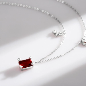 S925 sterling silver necklace with a radiant rectangular red gemstone pendant