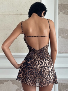 Slim-fit leopard print backless mini dress with thin straps shown from back view