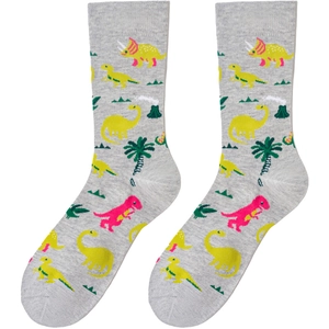 Détail de chaussettes grises en maille avec des motifs de dinosaures colorés et de volcans