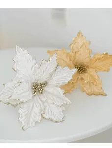 Detailed macro of 25cm champagne and white Christmas flowers with glitter edges