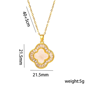 Golden clover pendant necklace with white shell inlay and zircons for women