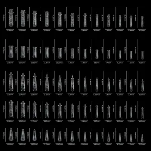 Size chart showing width and length for 5 styles of clear nail extension tips