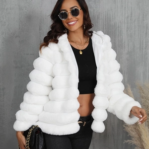 White faux fur hooded jacket with horizontal striped plush texture and modern style