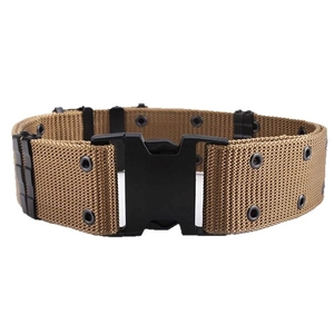 Khaki nylon tactical belt with quick-release plastic buckle and hanging rings on white base