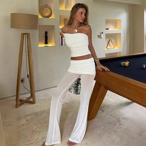 Women One Shoulder Ruched Top And Wide Leg Pants Polyester Solid Color Sexy Streetwear Leisure Outfit