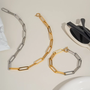 Detail of two-tone gold and silver paperclip chain necklace and bracelet set