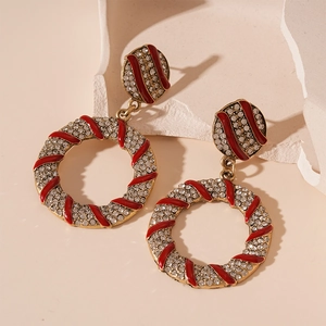 Vintage round drop oil earrings with crystals and red enamel stripes in bronze finish
