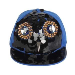 Hip-hop snapback hat with sequined owl design, gold rivets, and black patent leather brim