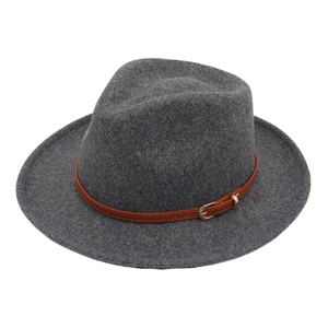 Classic dark grey wool fedora hat for men and women featuring a brown leather belt strap