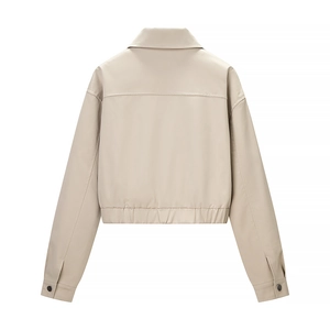 Back view of beige short jacket with elastic waist and lapel collar for women