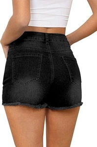 Rear view of high-waisted black denim shorts with raw hem and classic double back pockets