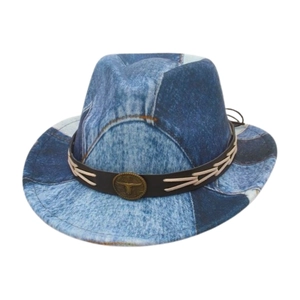 Kids western denim fedora hat with blue patchwork and bronze bull head metal buckle decoration
