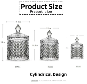 Detailed size comparison of three embossed glass jars in 150ml, 300ml, and 600ml capacities