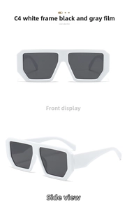Square white frame sunglasses with dark grey lenses in front and side detail views