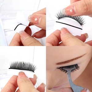 Self-adhesive black false eyelashes application guide showing natural lash kit steps
