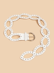 White PU leather belt featuring oval cutouts with silver studs and metal buckle
