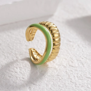 French vintage double layer gold wavy ring with green enamel finish for women