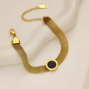 Bracelet Maille Tissée Acier Inoxydable Plaqué Or 18K Pendentif Rond Noir Chiffres Romains Réglable Bijoux Pour Femmes