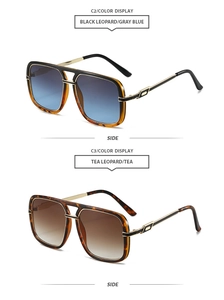 Detail view of leopard print square sunglasses with golden metal double bridge accents