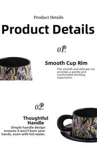Detail of round cup rim and ergonomic handle on floral ceramic coffee cup set
